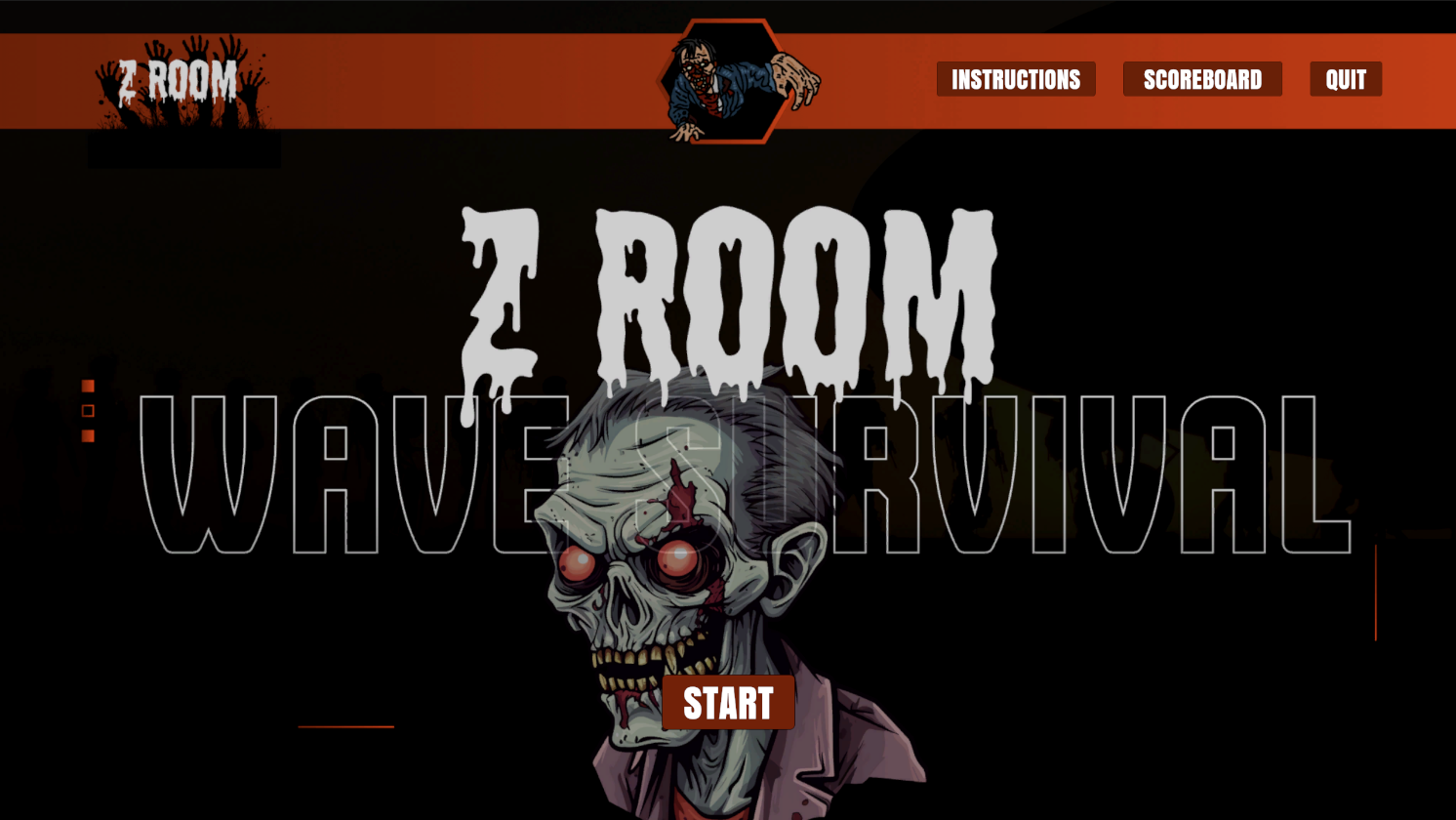 Z-Room main menu interface with start, instructions, scoreboard, and quit options